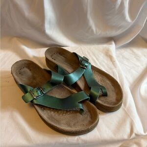Mephisto Teal Green Leather Toe-Loop Sandals